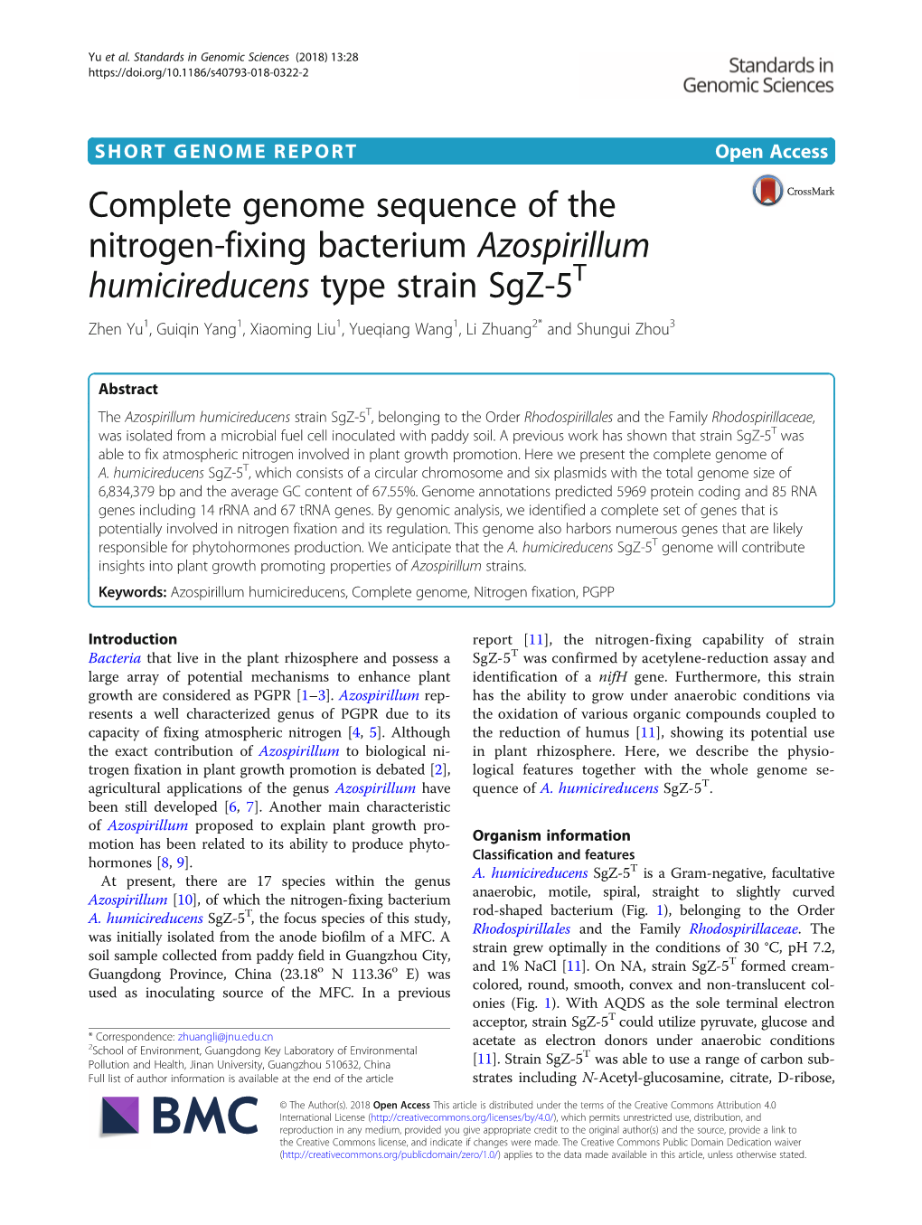 Complete Genome Sequence of the Nitrogen-Fixing Bacterium Azospirillum Humicireducens Type Strain Sgz-5T