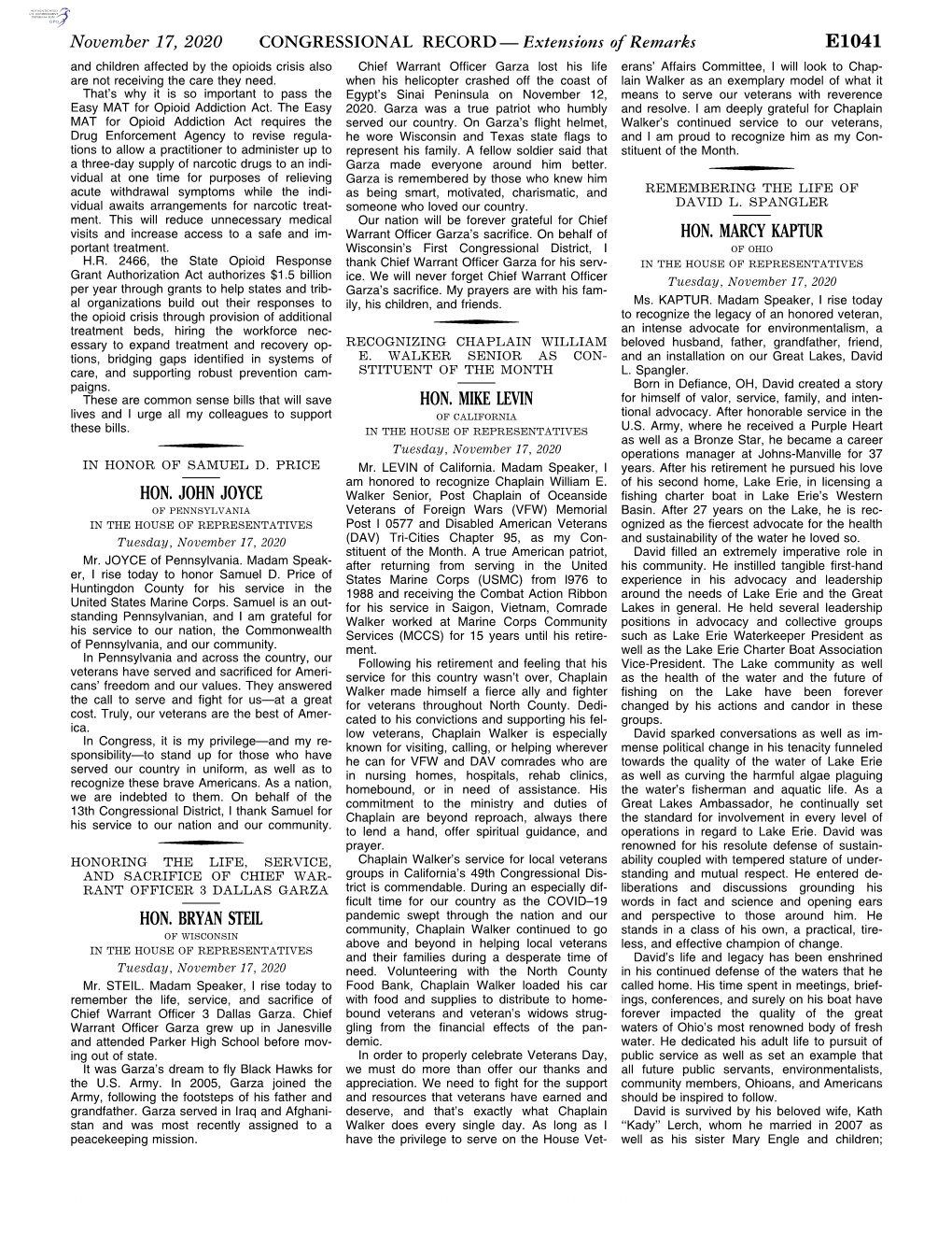 Extensions of Remarks E1041 HON. JOHN JOYCE HON. BRYAN STEIL HON. MIKE LEVIN HON. MARCY KAPTUR
