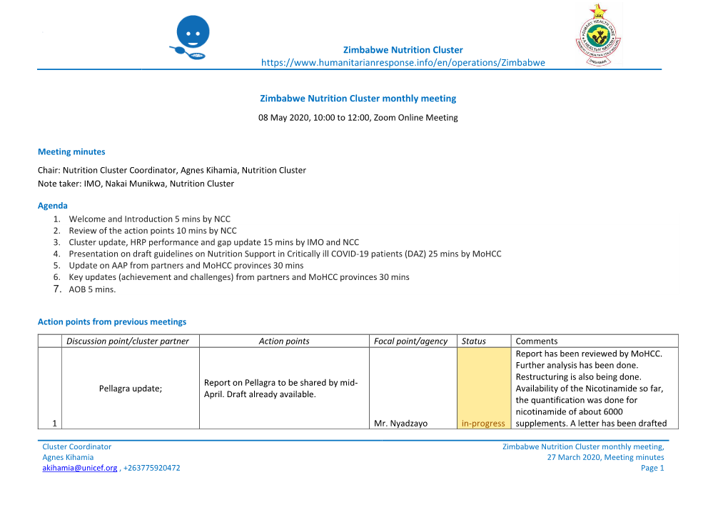 Zimbabwe Nutrition Cluster Monthly Meeting 08 May 2020, 10:00 to 12:00, Zoom Online Meeting