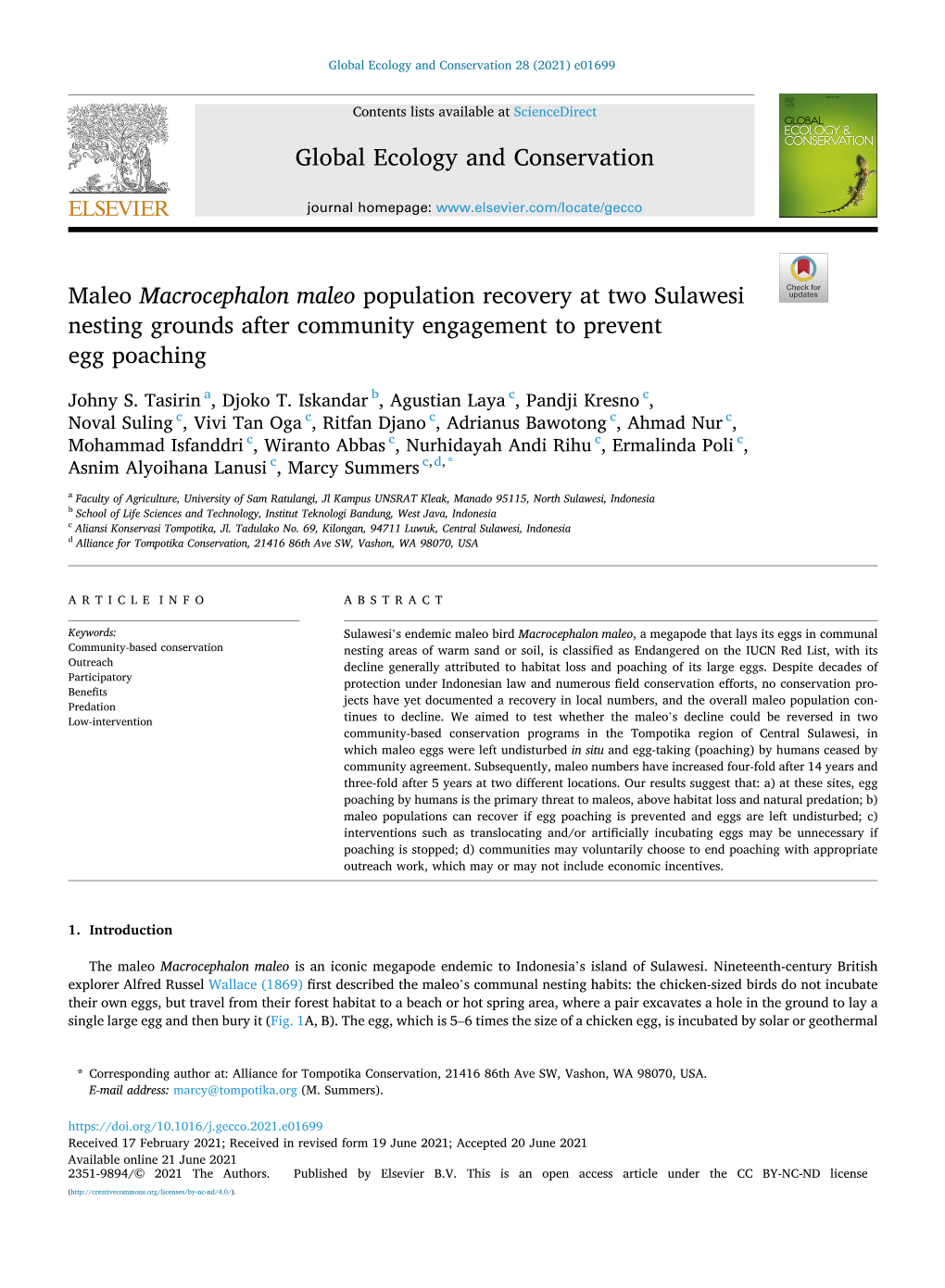 Global Ecology and Conservation, June 21, 2021