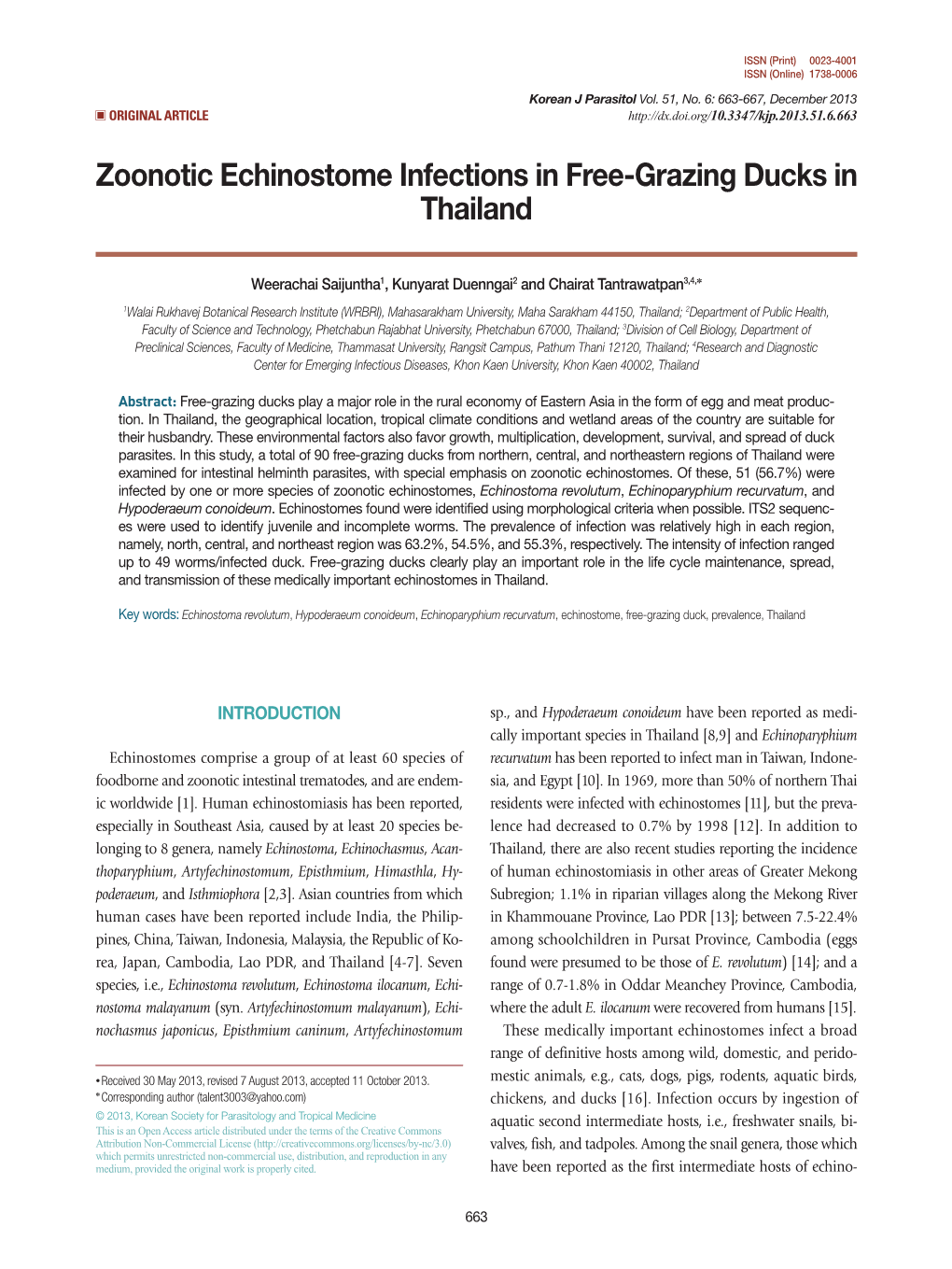 Zoonotic Echinostome Infections in Free-Grazing Ducks in Thailand