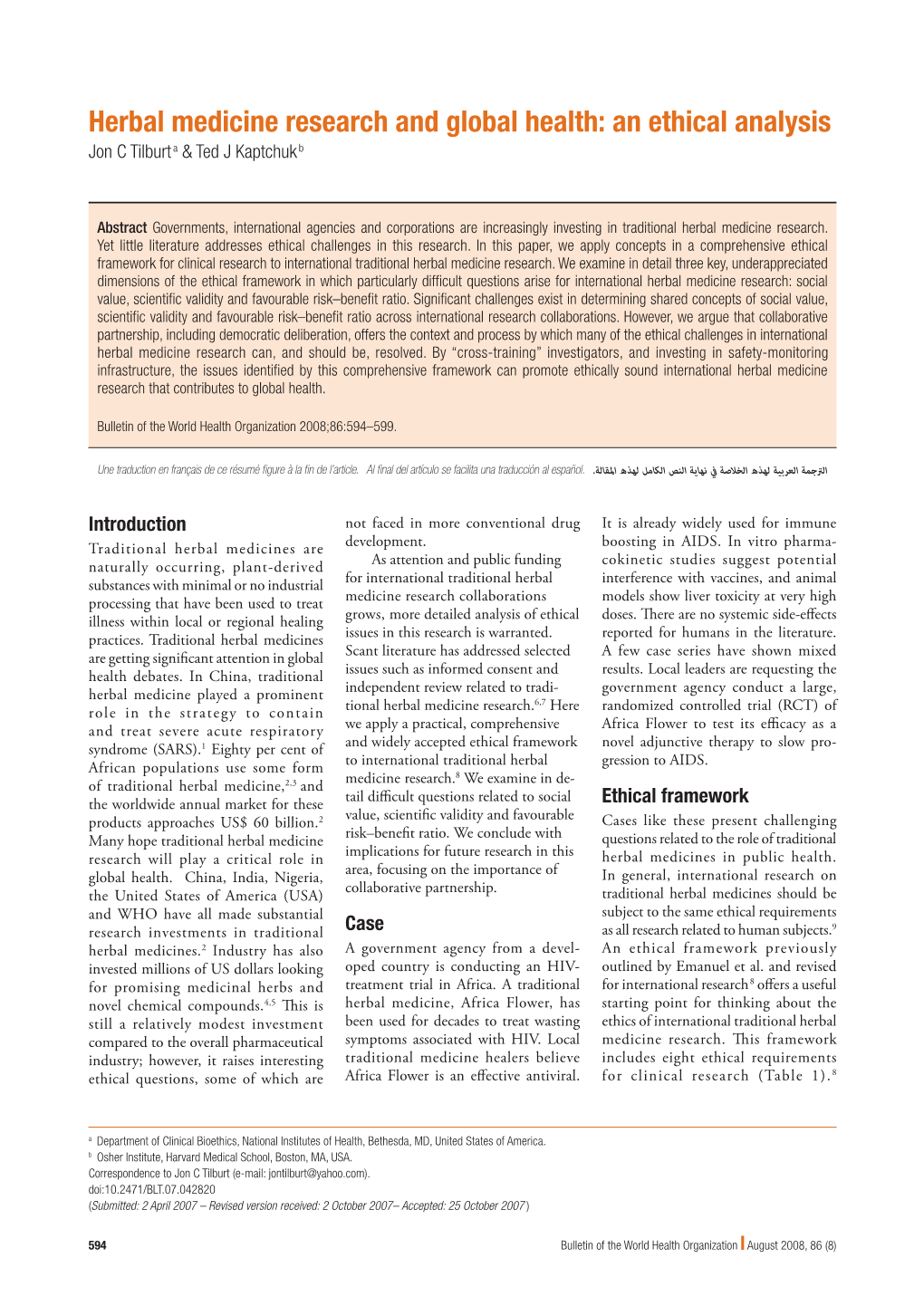 Herbal Medicine Research and Global Health: an Ethical Analysis Jon C Tilburt a & Ted J Kaptchuk B