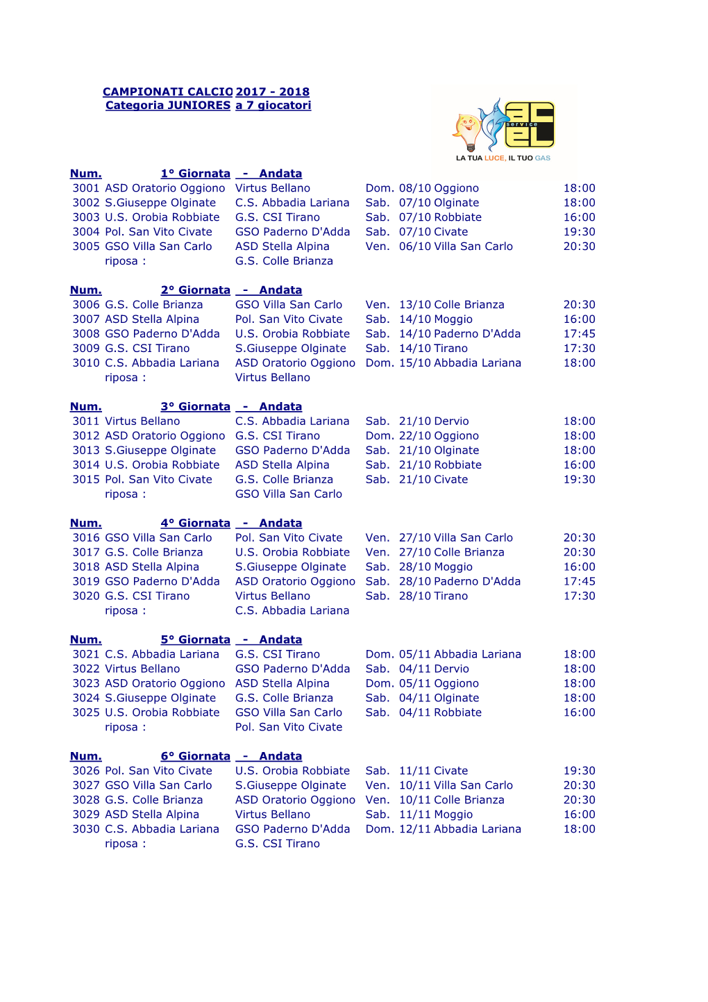 Calenda-Risultati Juniores