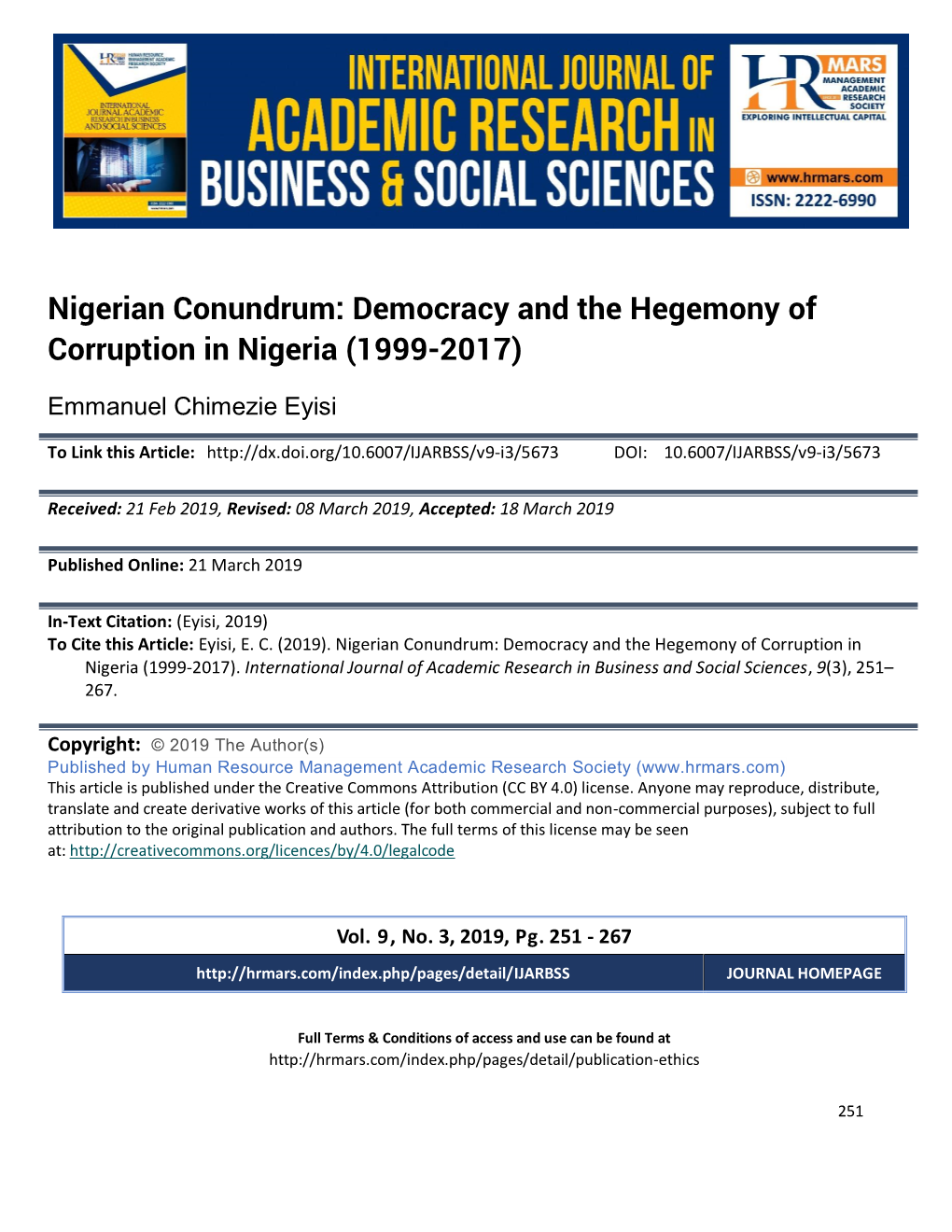 Democracy and the Hegemony of Corruption in Nigeria (1999-2017)