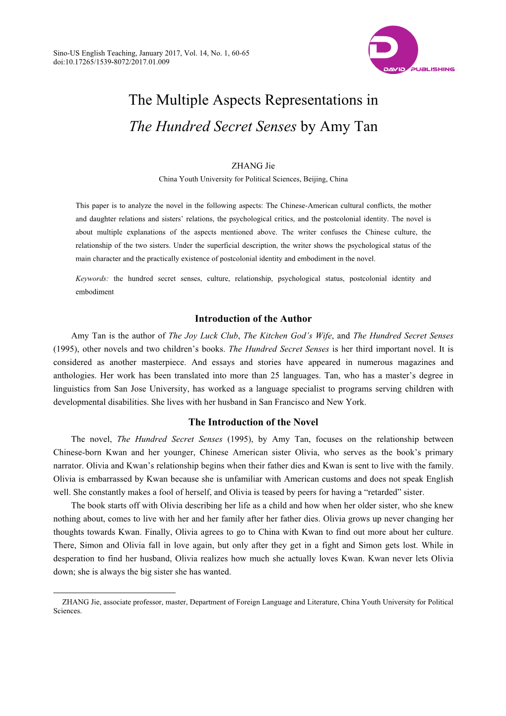 The Multiple Aspects Representations in the Hundred Secret Senses by Amy Tan