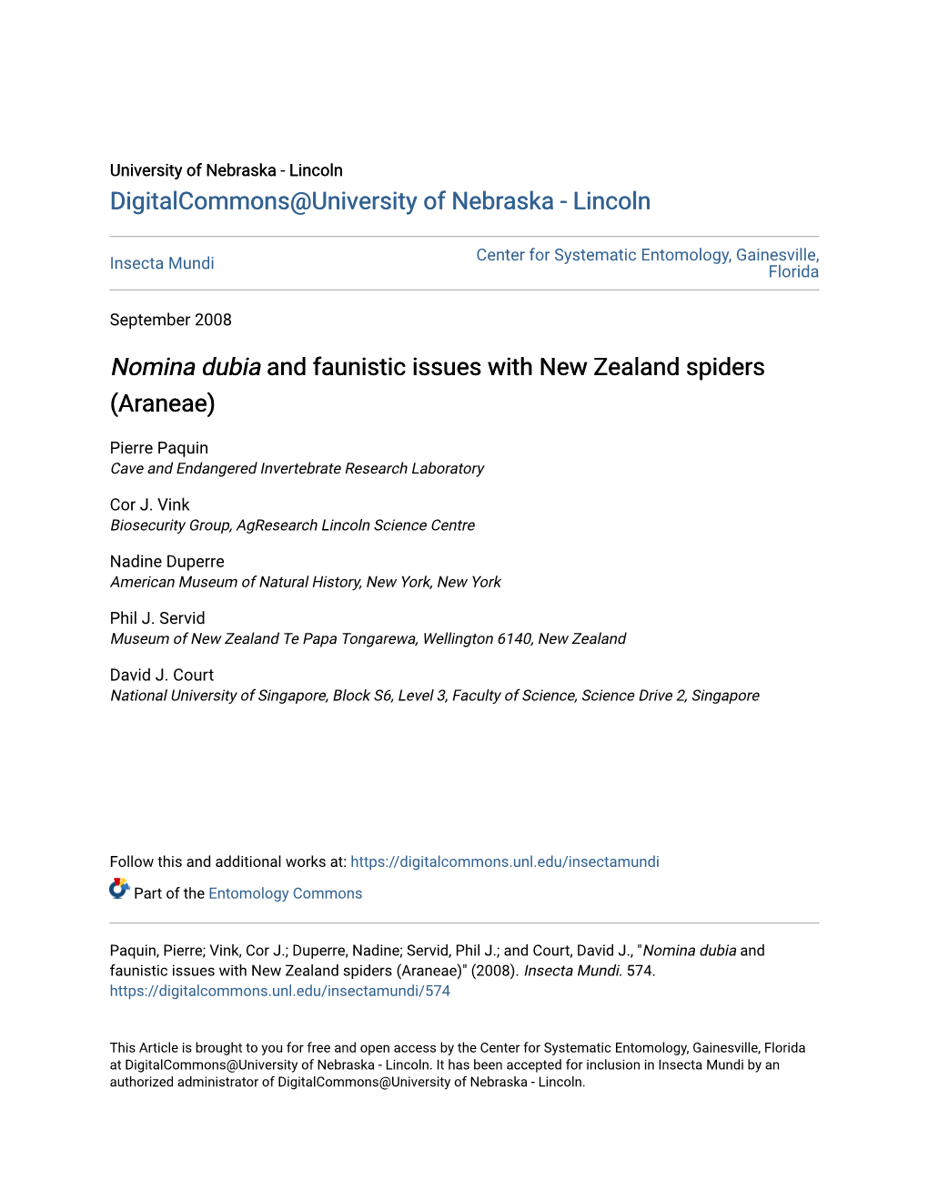 &lt;I&gt;Nomina Dubia &lt;/I&gt;And Faunistic Issues with New Zealand Spiders