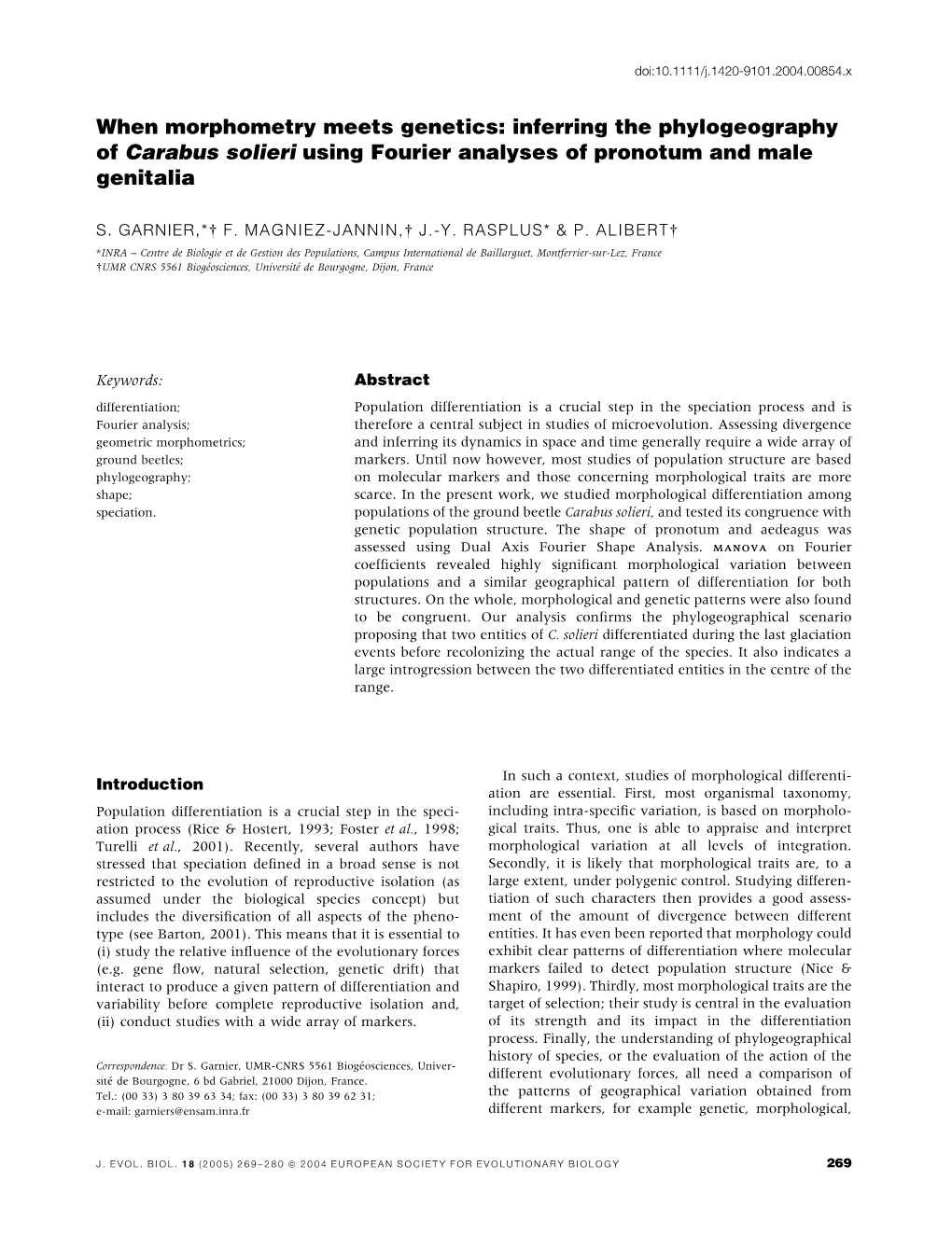 Inferring the Phylogeography of Carabus Solieri Using Fourier Analyses of Pronotum and Male Genitalia