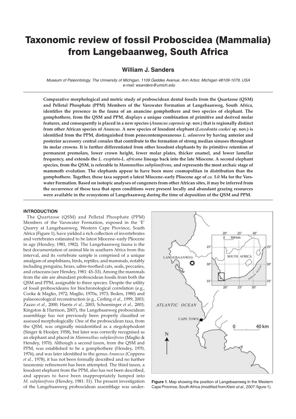 Taxonomic Review of Fossil Proboscidea (Mammalia) from Langebaanweg, South Africa