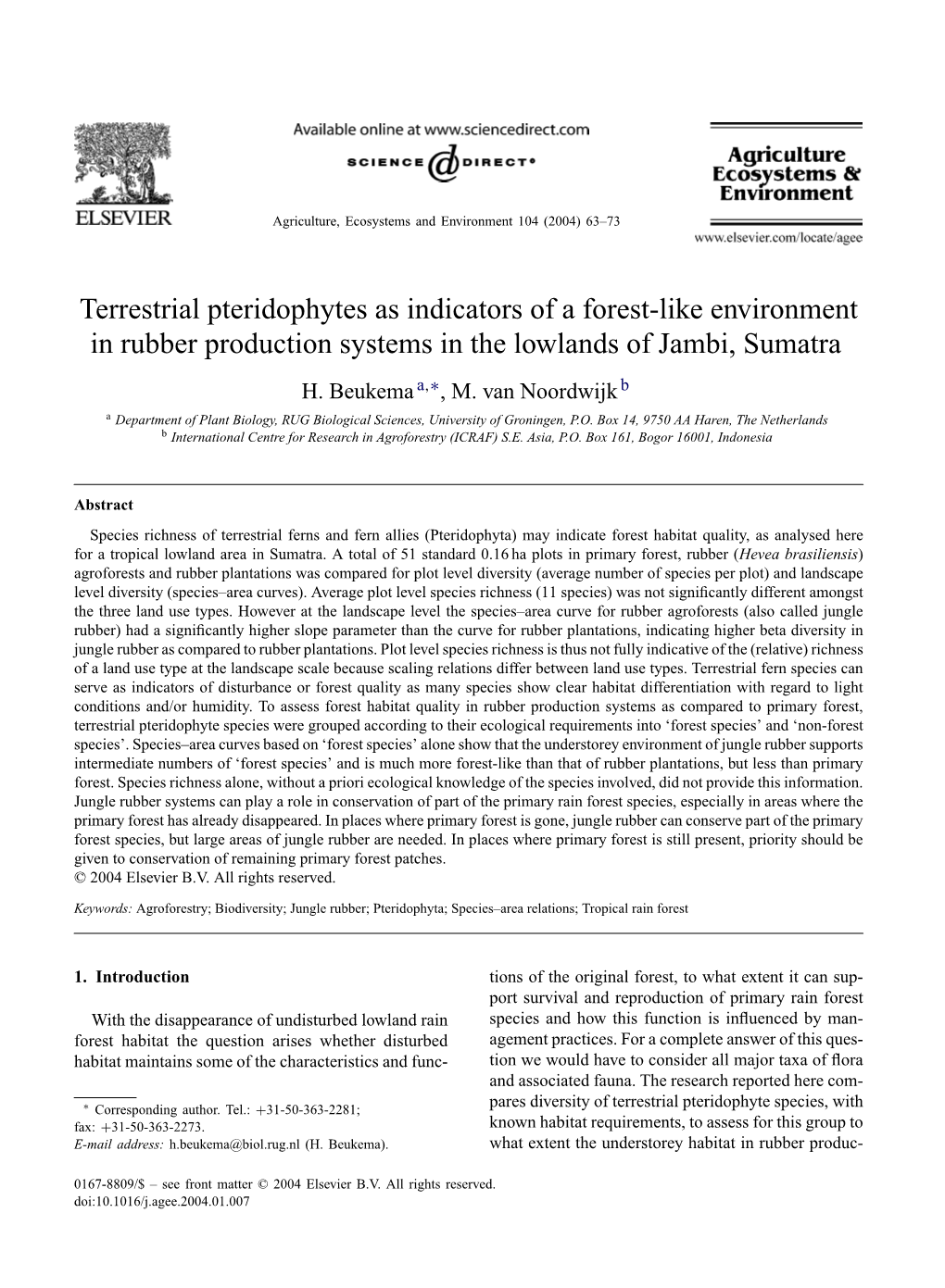 Terrestrial Pteridophytes As Indicators of a Forest-Like Environment in Rubber Production Systems in the Lowlands of Jambi, Sumatra H