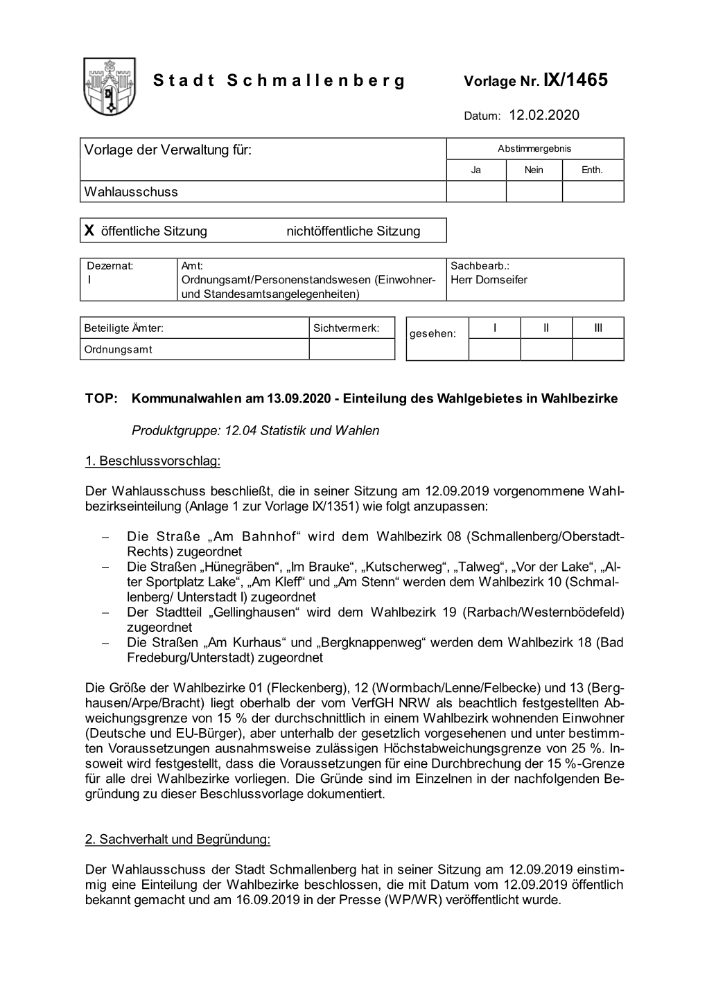 Stadt Schmallenberg Vorlage Nr