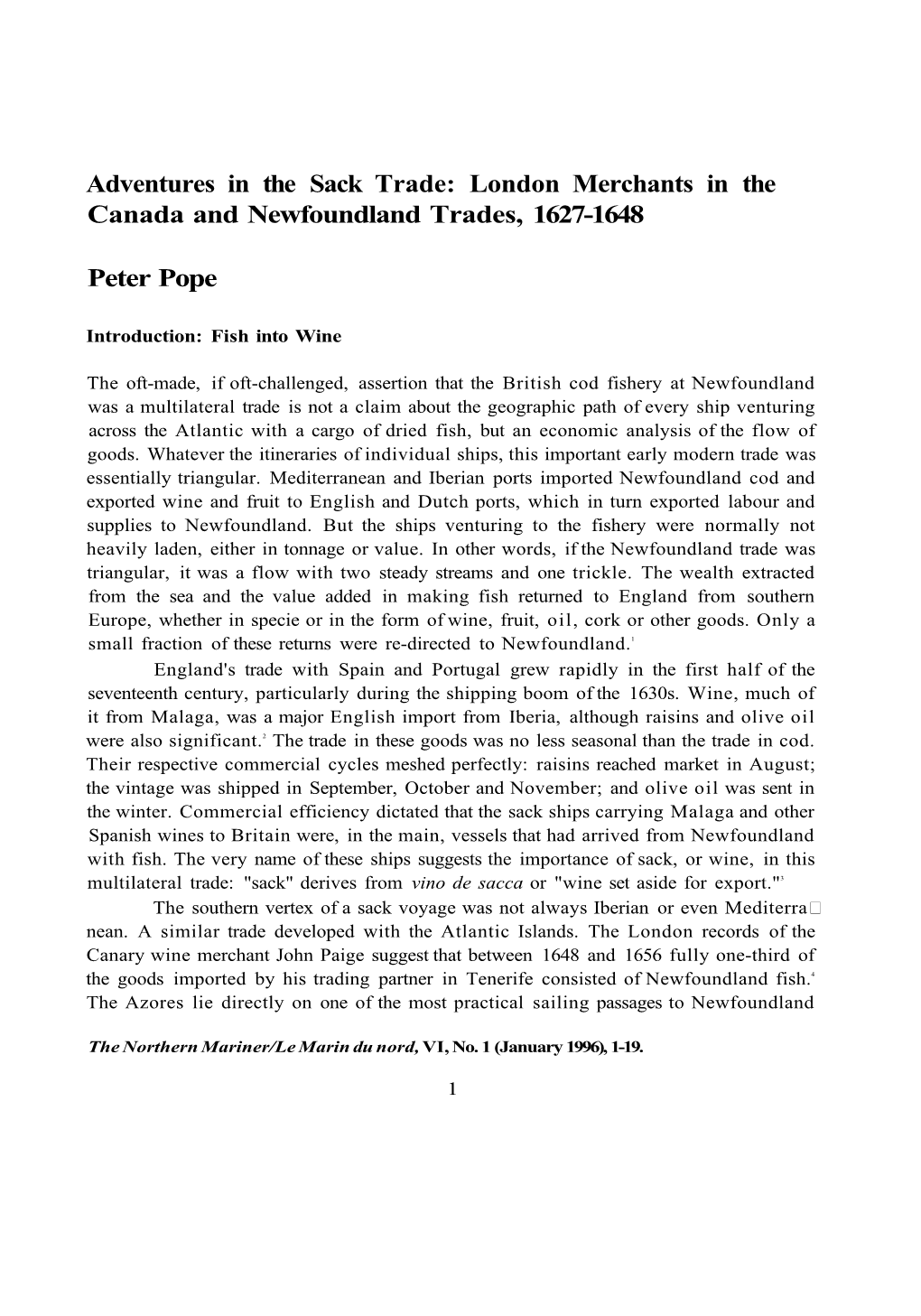 Adventures in the Sack Trade: London Merchants in the Canada and Newfoundland Trades, 1627-1648