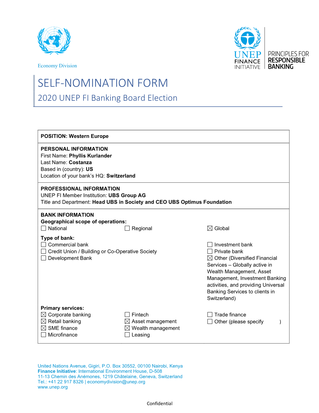 SELF-NOMINATION FORM 2020 UNEP FI Banking Board Election