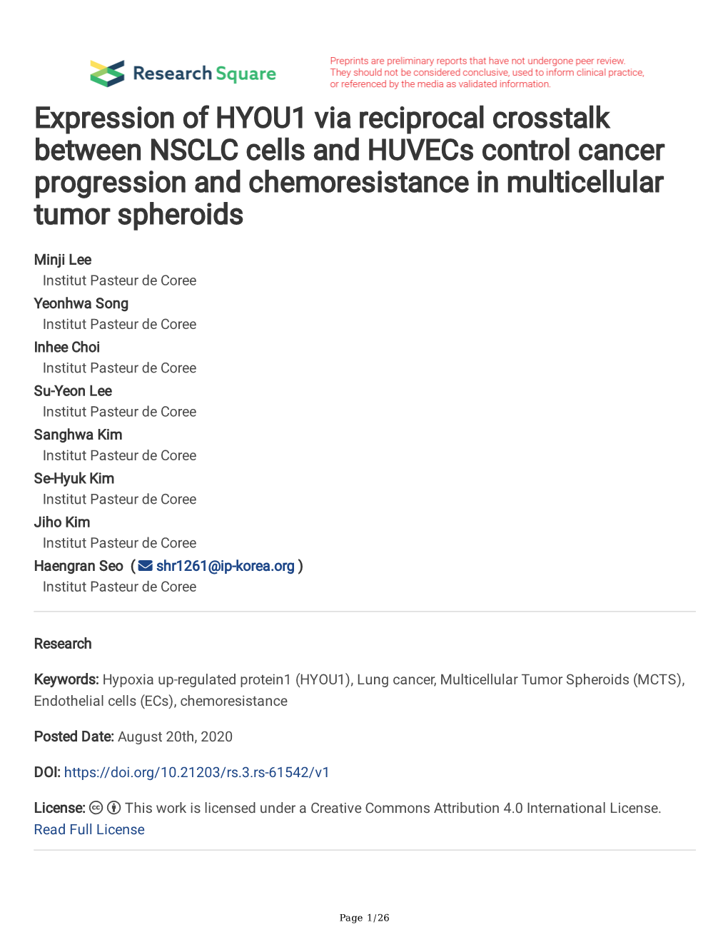 Expression of HYOU1 Via Reciprocal Crosstalk Between NSCLC Cells and Huvecs Control Cancer Progression and Chemoresistance in Multicellular Tumor Spheroids