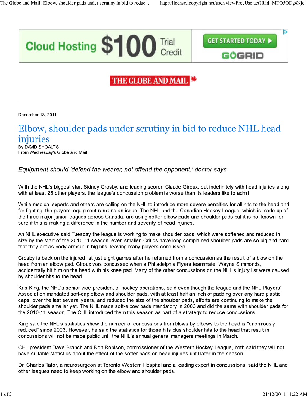 Elbow, Shoulder Pads Under Scrutiny in Bid to Reduce NHL Head Injuries by DAVID SHOALTS from Wednesday's Globe and Mail