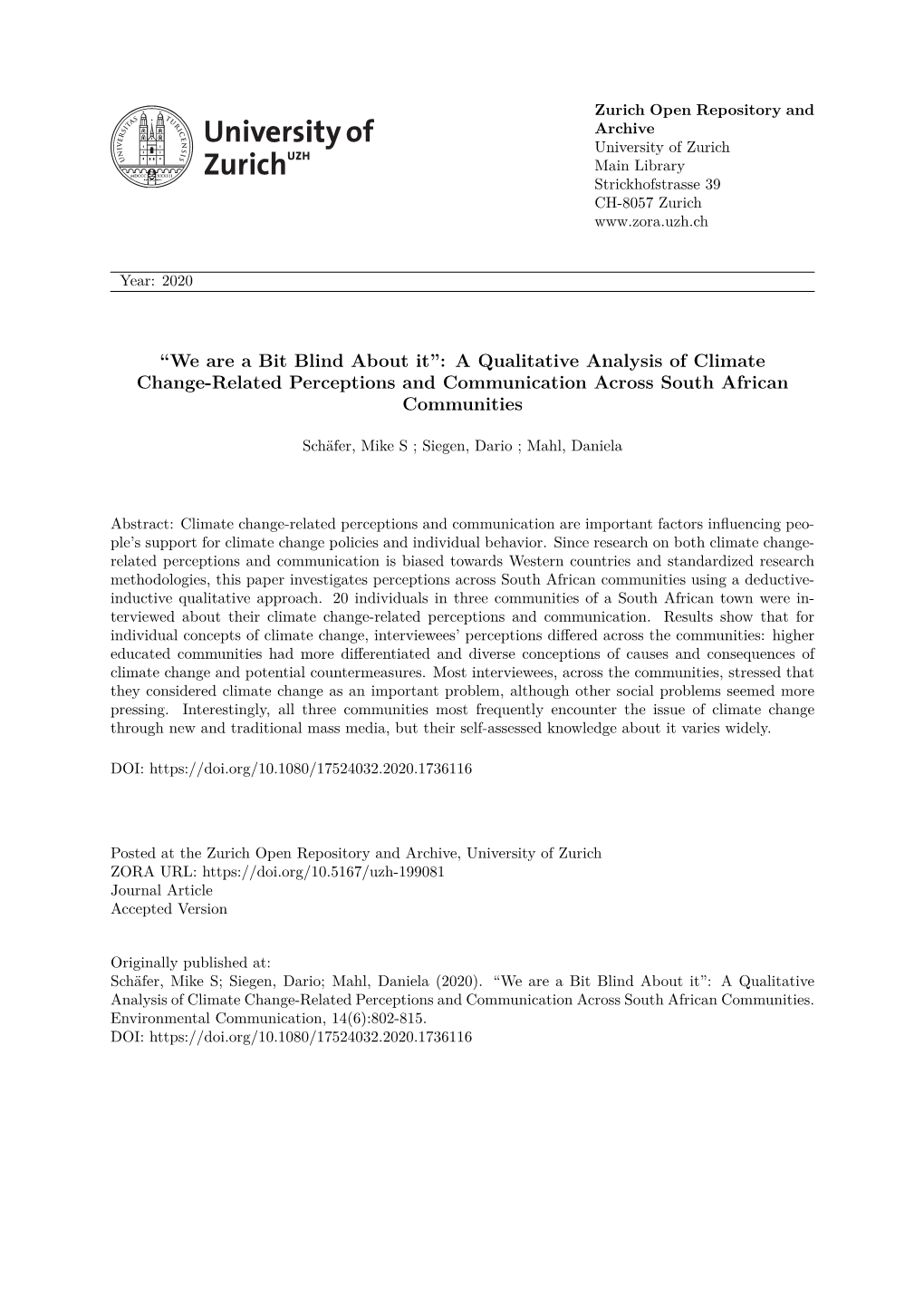 “We Are a Bit Blind About It”: a Qualitative Analysis of Climate Change-Related Perceptions and Communication Across South African Communities