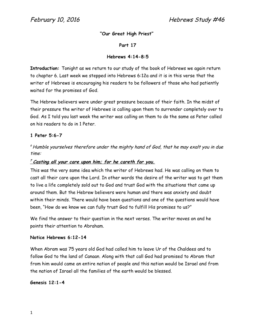 February 10, 2016 Hebrews Study #46
