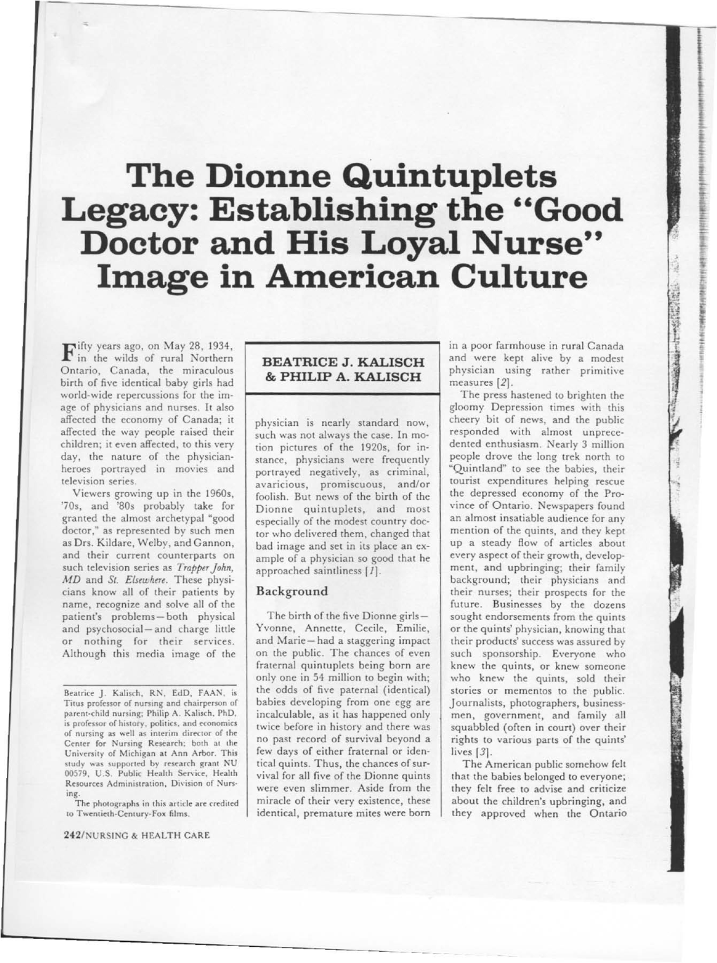The Dionne Quintuplets Legacy: Establishing the "Good Doctor and His Loyal Nurse" Image in American Culture