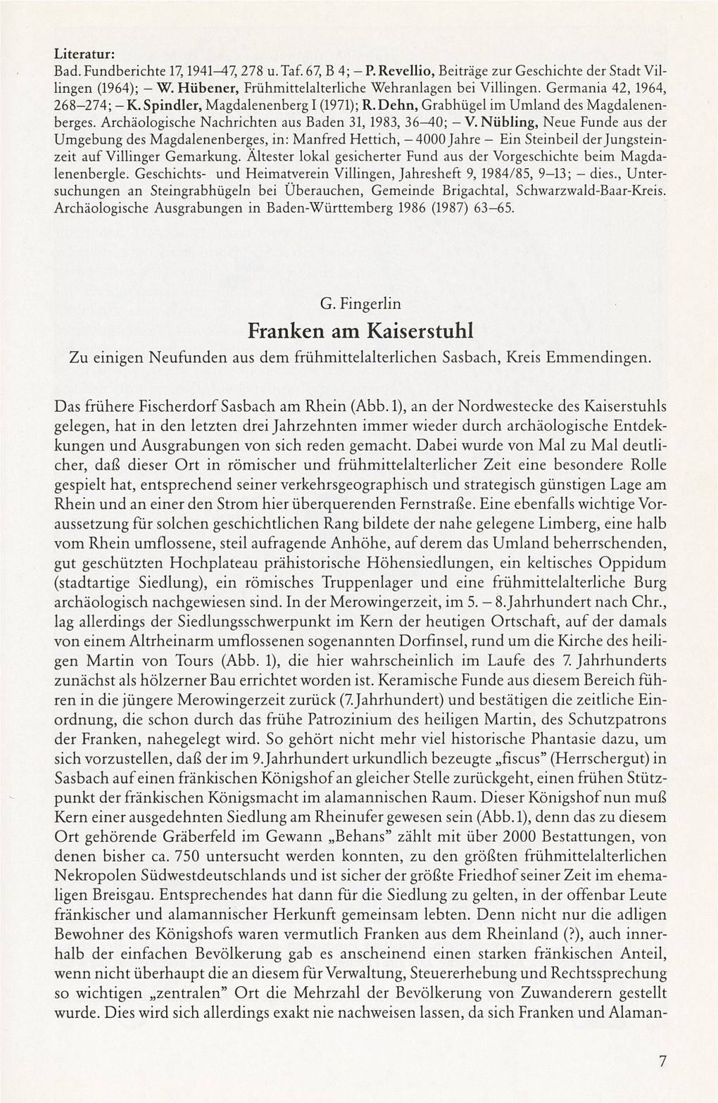 Franken Am Kaiserstuhl Zu Einigen Neufunden Aus Dem Frühmittelalterlichen Sasbach, Kreis Emmendingen