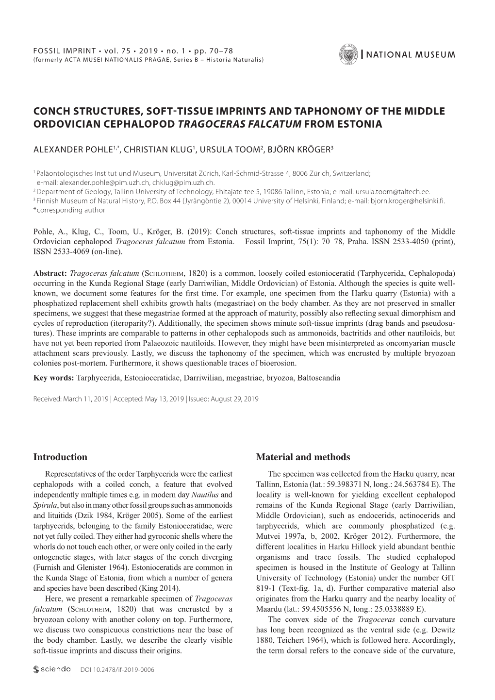 Conch Structures, Soft-Tissue Imprints and Taphonomy of the Middle Ordovician Cephalopod Tragoceras Falcatum from Estonia