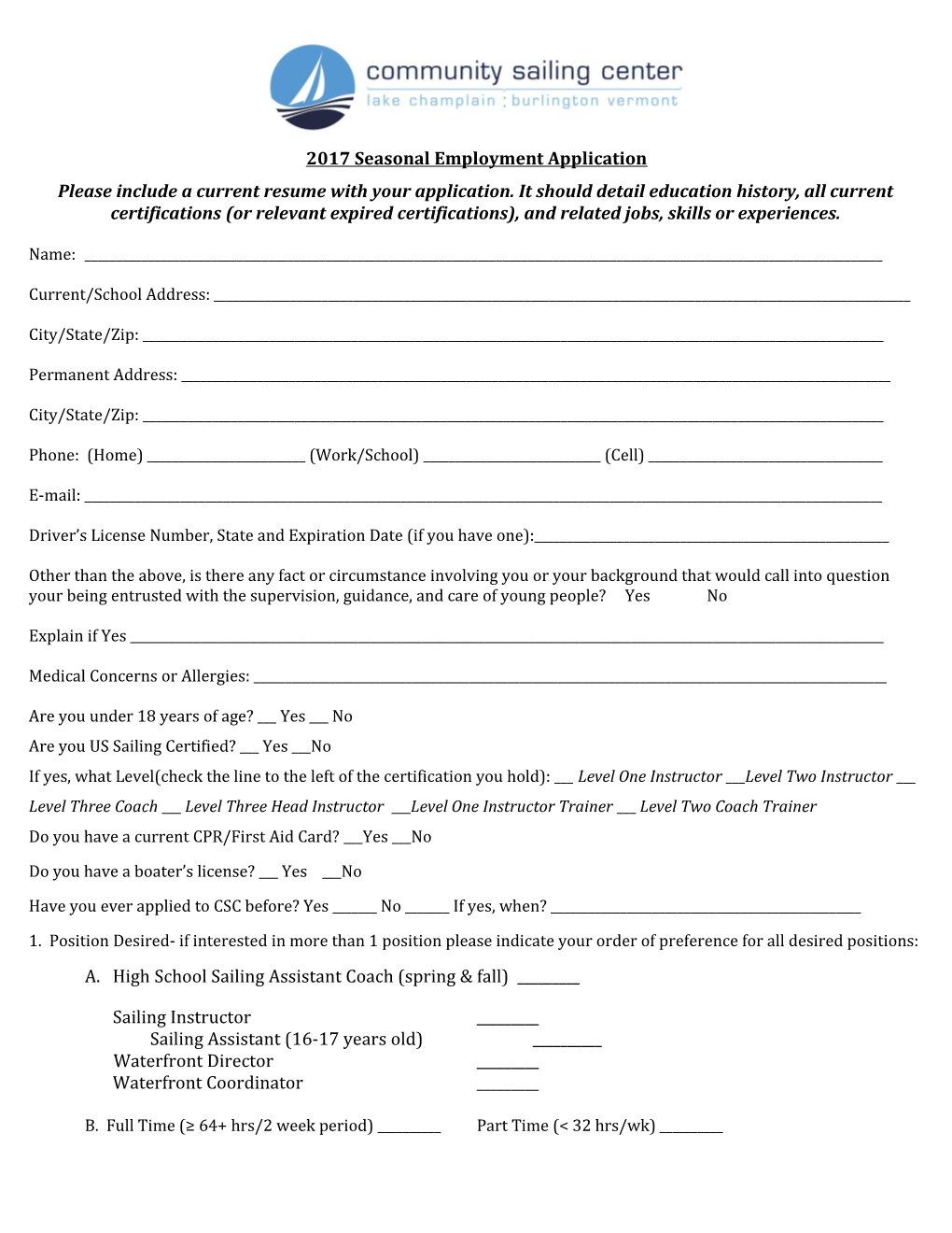 2017 Seasonal Employment Application