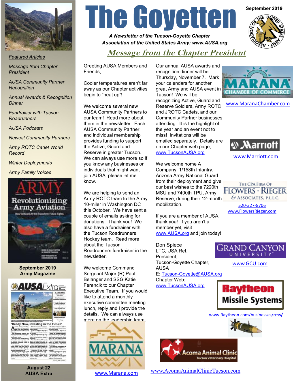 The Goyetten September 2019 a Newsletter of the Tucson - Goyette Chapter Association of the United States Army;