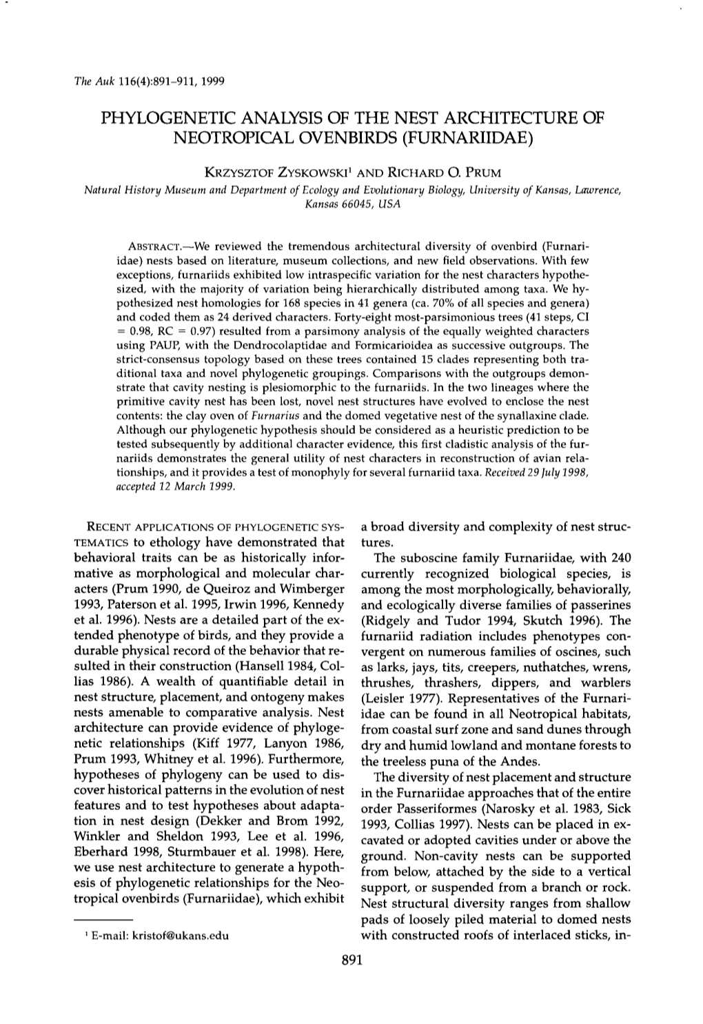 Phylogenetic Analysis of the Nest Architecture of Neotropical Ovenbirds (Furnariidae)