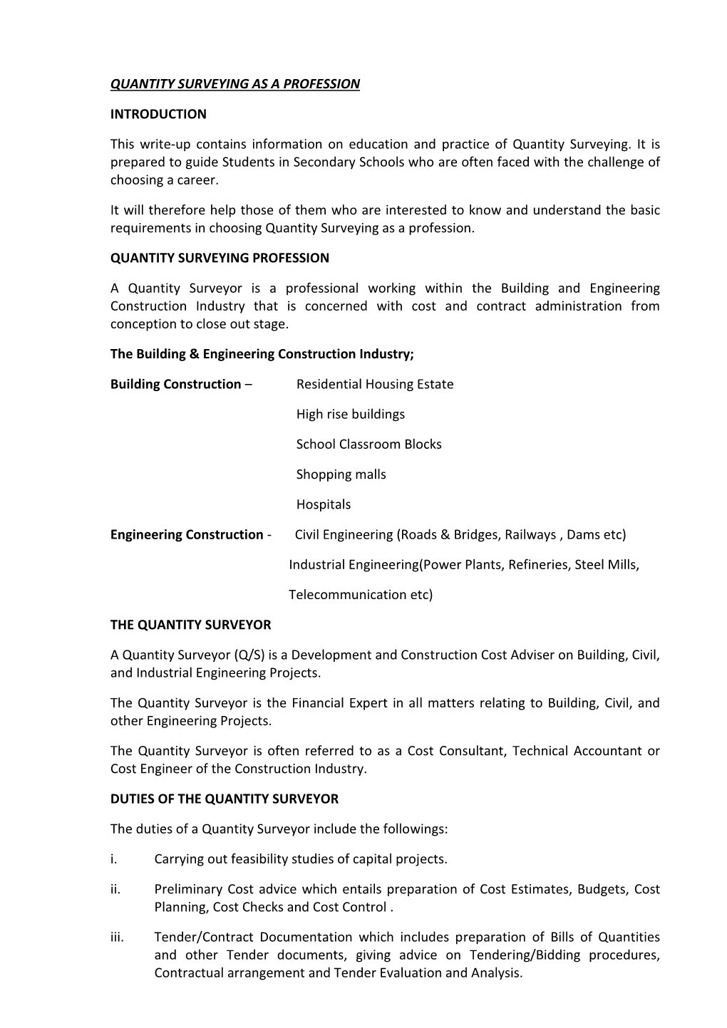 Quantity Surveying As a Profession Introduction