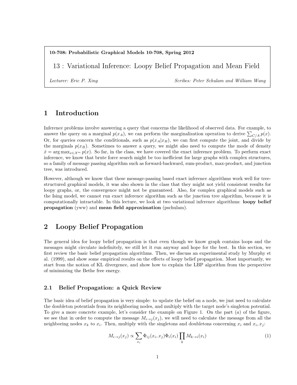 13 : Variational Inference: Loopy Belief Propagation and Mean Field