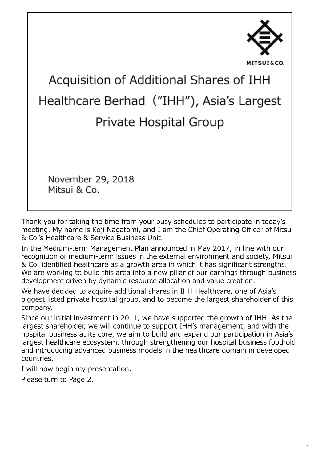 Acquisition of Additional Shares of IHH Healthcare Berhad（”IHH