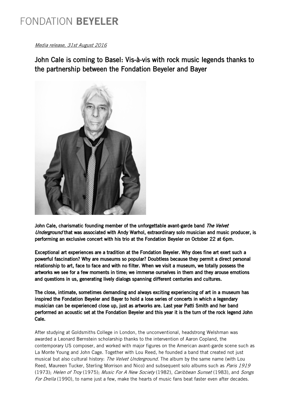 John Cale Is Coming to Basel: Vis-À-Vis with Rock Music Legends Thanks to the Partnership Between the Fondation Beyeler and Bayer