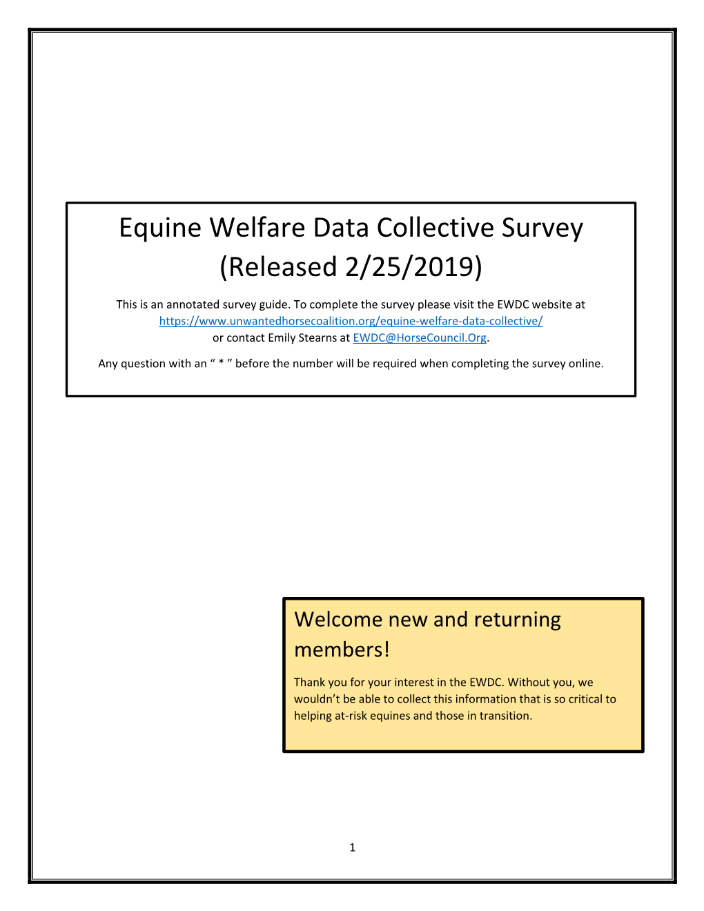 Equine Welfare Data Collective Survey (Released 2/25/2019)