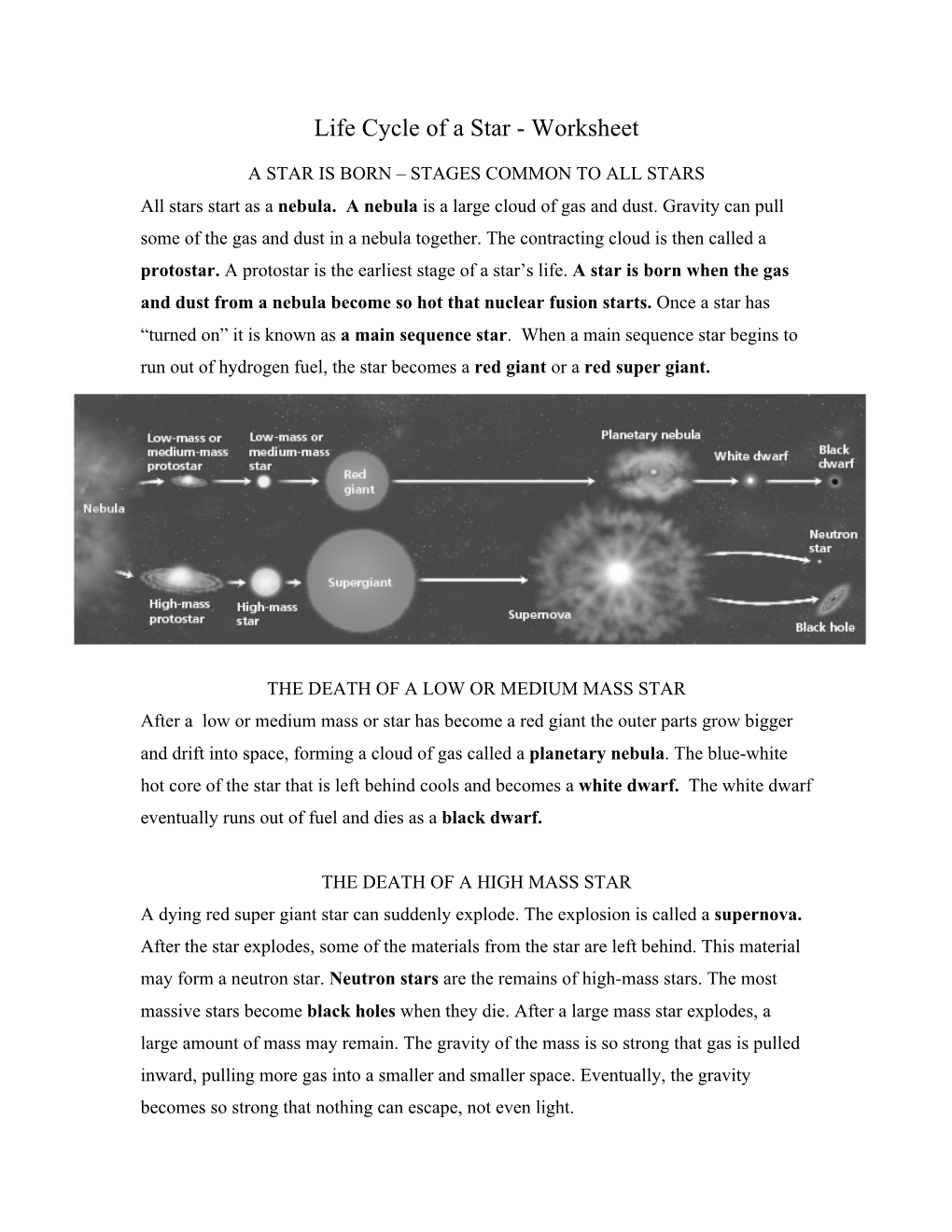 Life Cycle of a Star - Worksheet