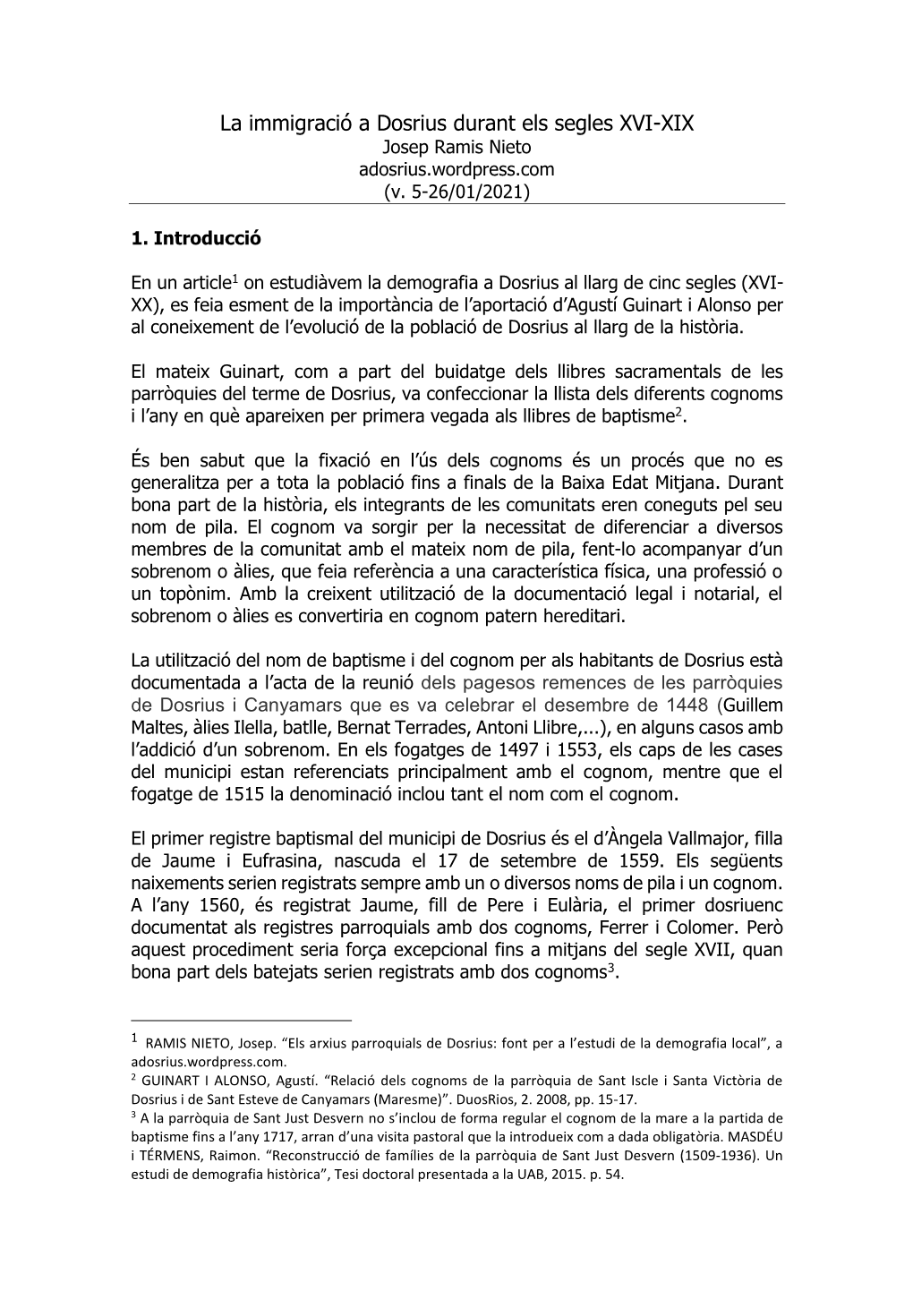 La Immigració a Dosrius Durant Els Segles XVI-XIX Josep Ramis Nieto Adosrius.Wordpress.Com (V