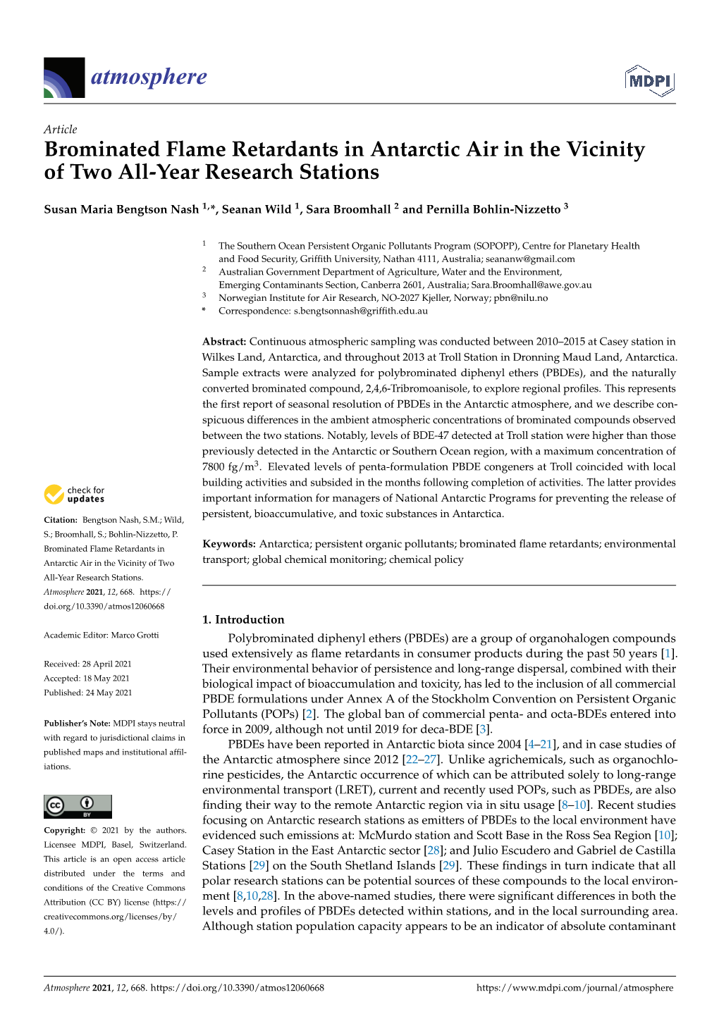 Brominated Flame Retardants in Antarctic Air in the Vicinity of Two All-Year Research Stations