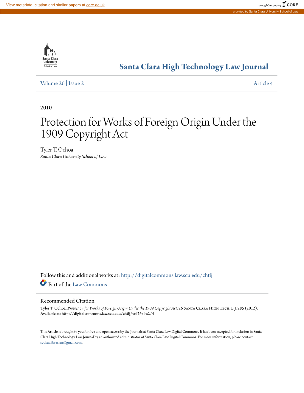 Protection for Works of Foreign Origin Under the 1909 Copyright Act Tyler T