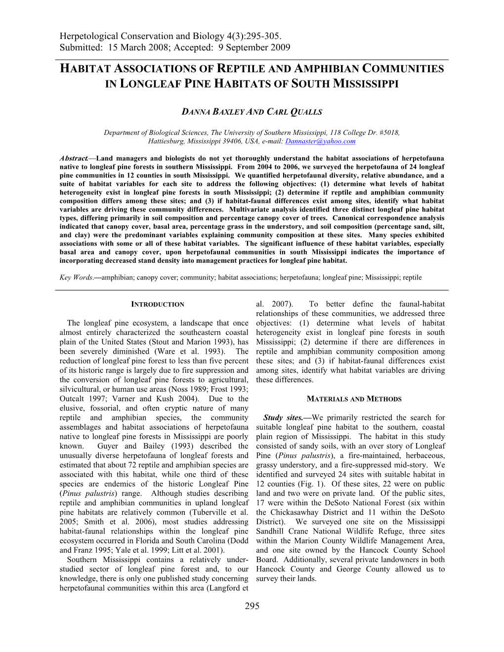 Habitat Associations of Reptile and Amphibian Communities in Longleaf Pine Habitats of South Mississippi