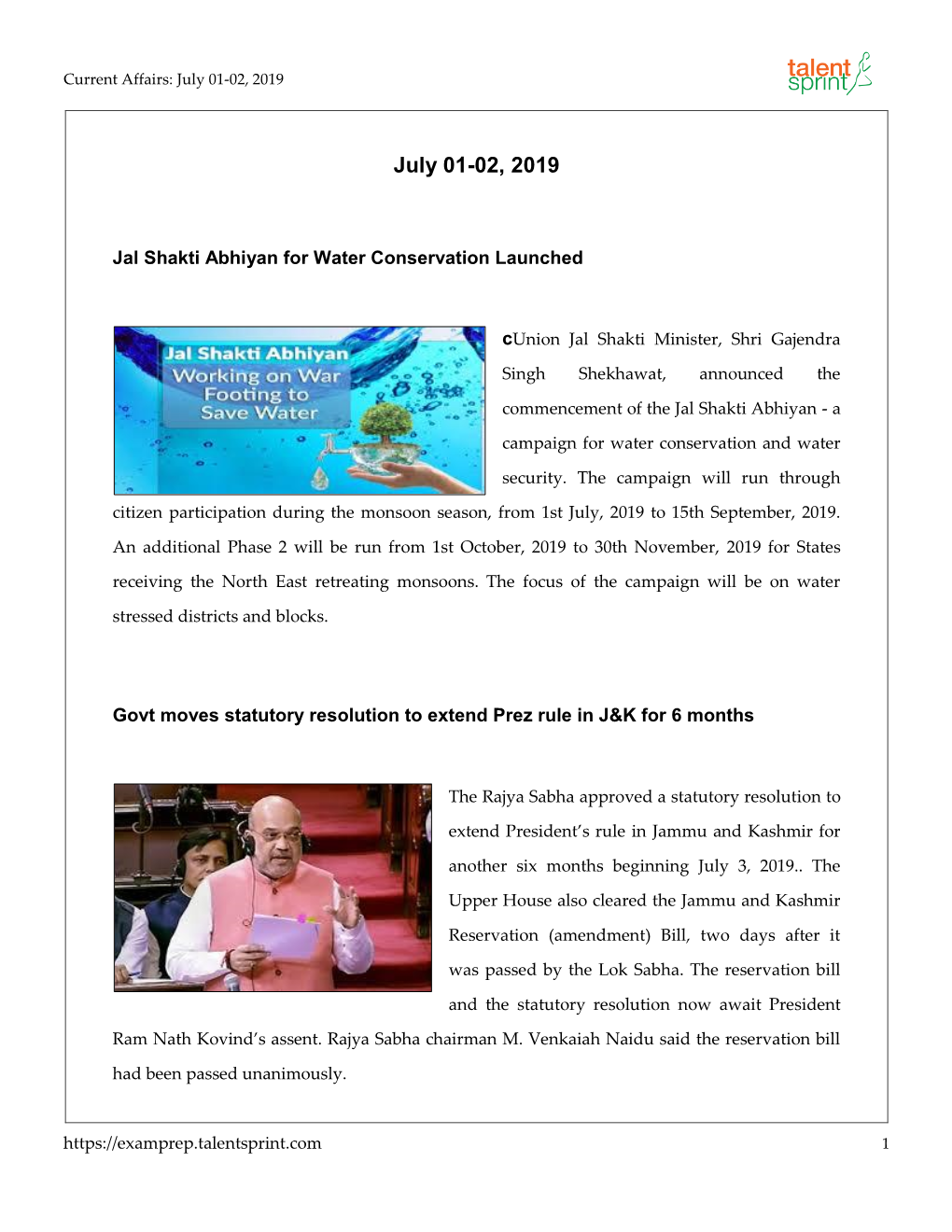 Monthly Current Affairs – July 2019