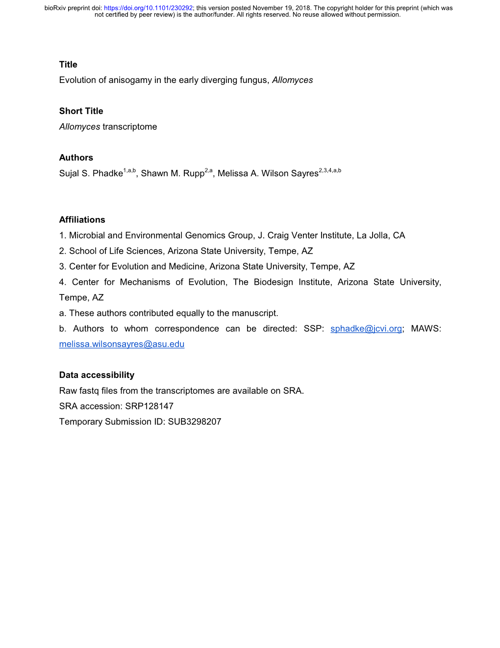 Title Evolution of Anisogamy in the Early Diverging Fungus, Allomyces