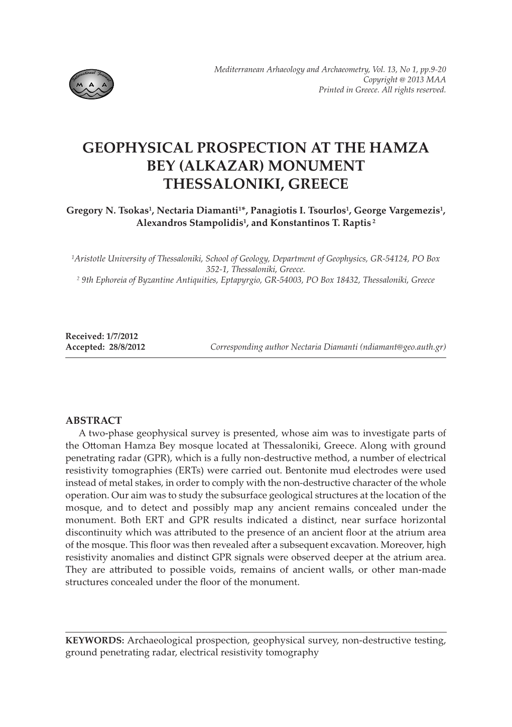 Geophysical Prospection at the Hamza Bey (Alkazar) Monument Thessaloniki, Greece