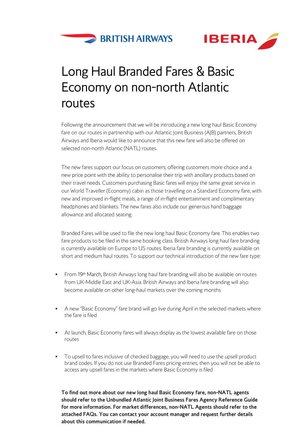 Long Haul Branded Fares & Basic Economy on Non-North Atlantic Routes