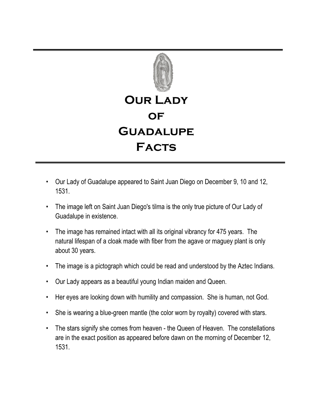 Our Lady of Guadalupe Facts