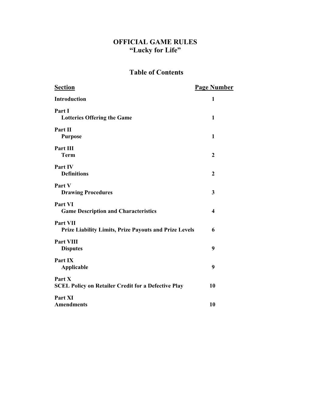 OFFICIAL GAME RULES “Lucky for Life” Table of Contents