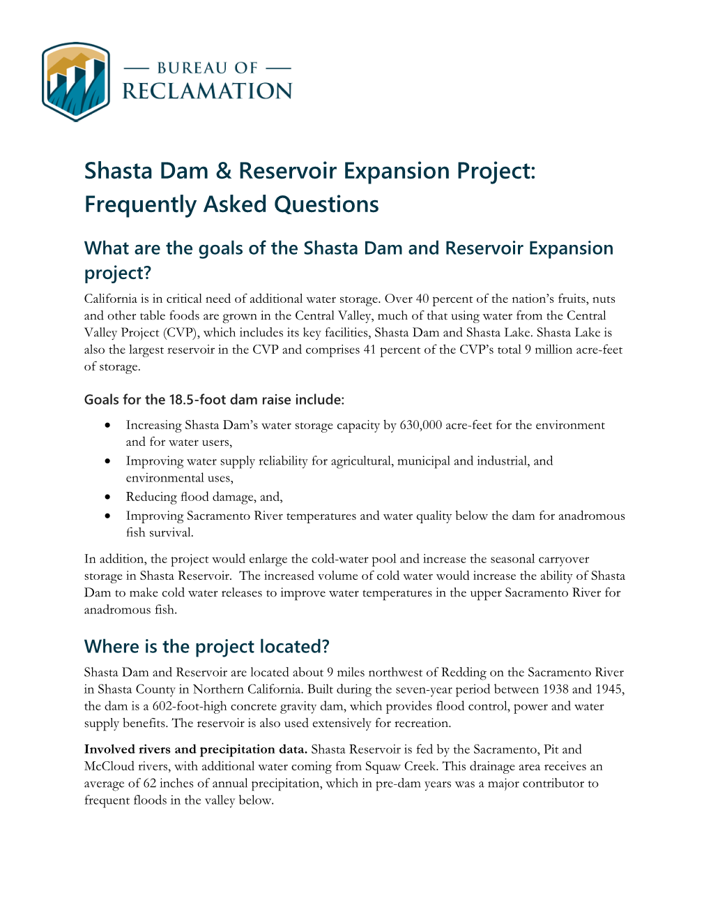 Shasta Dam & Reservoir Expansion Project: Frequently Asked Questions