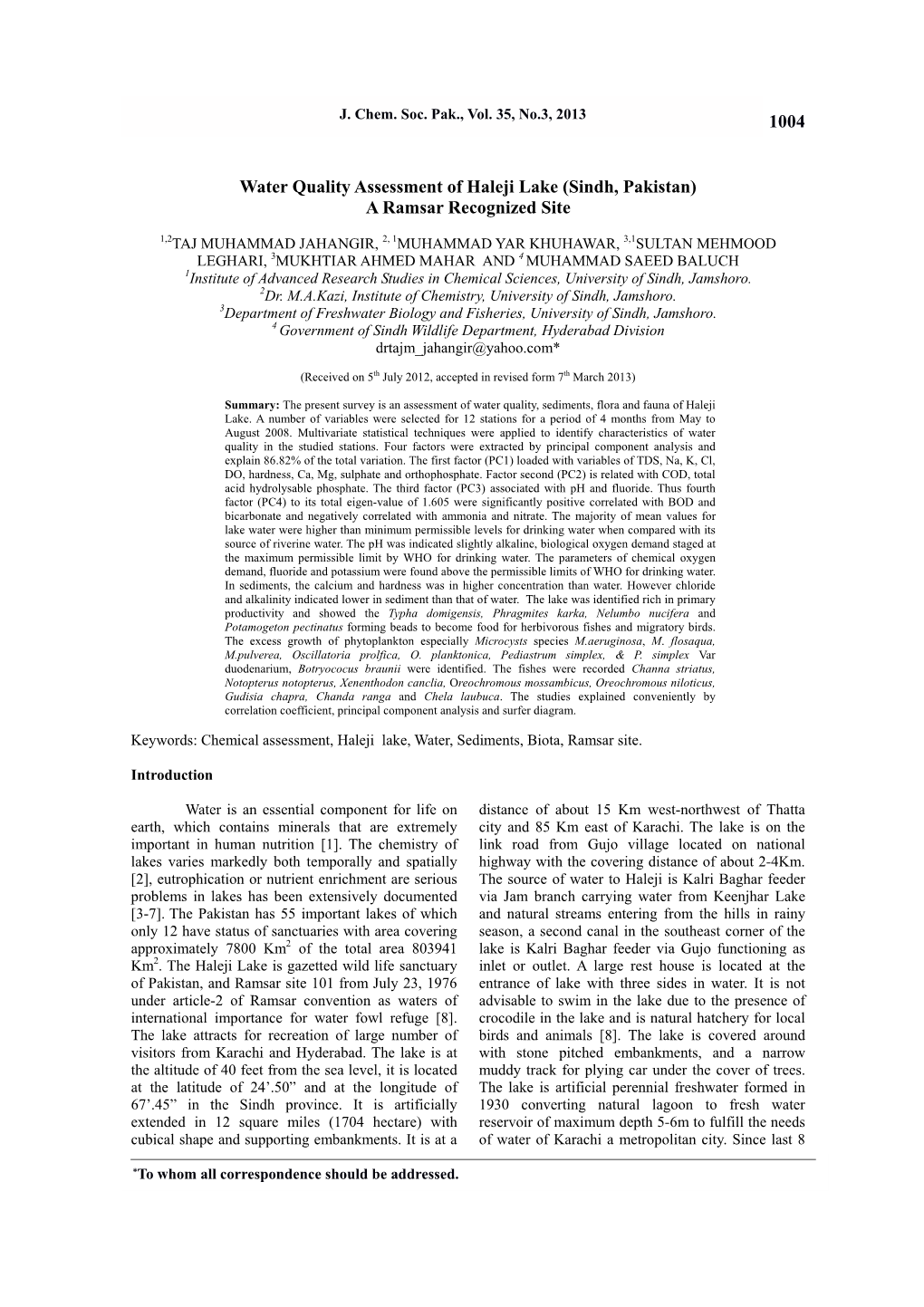 Water Quality Assessment of Haleji Lake (Sindh, Pakistan) a Ramsar Recognized Site