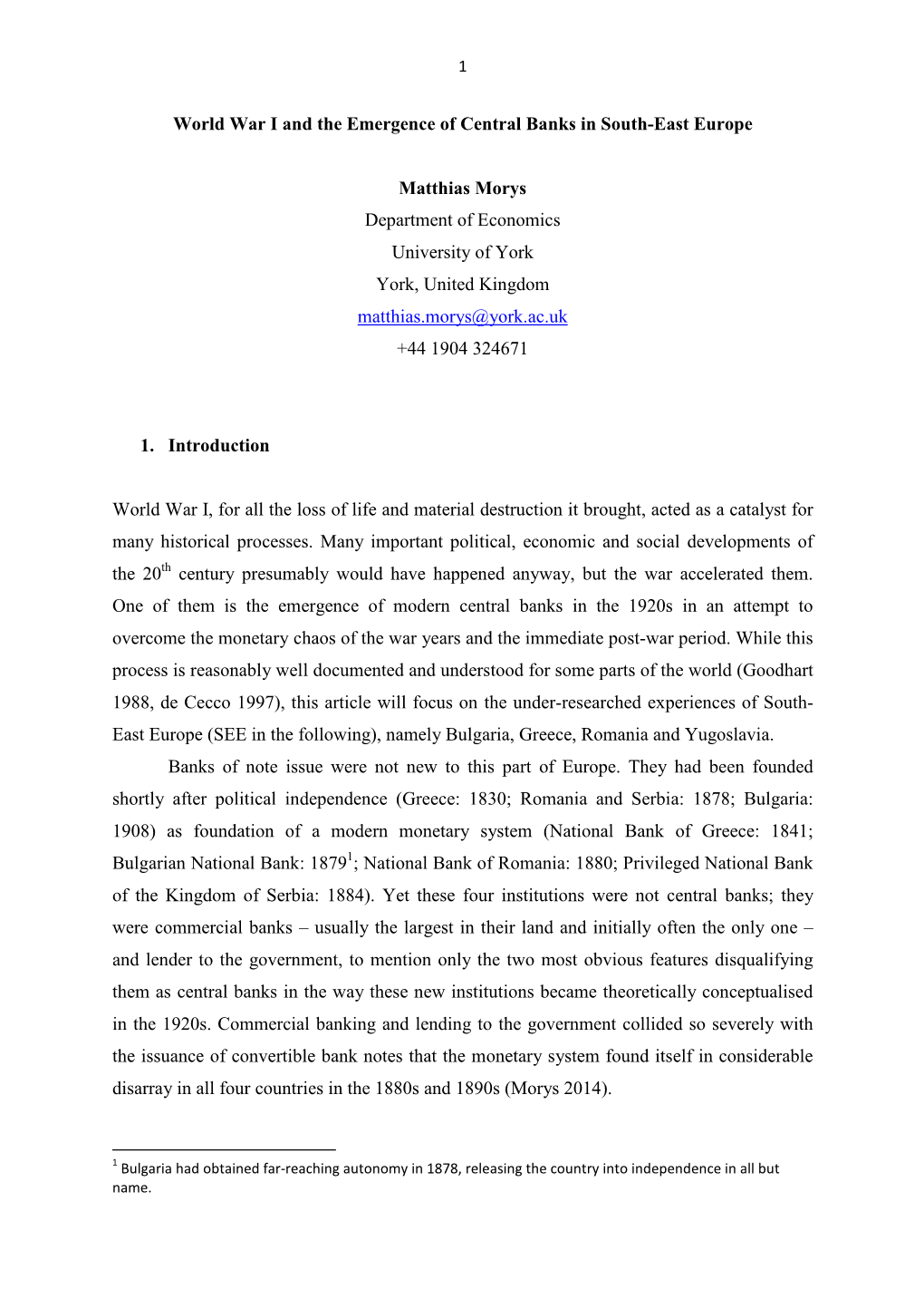 World War I and the Emergence of Central Banks in South-East Europe