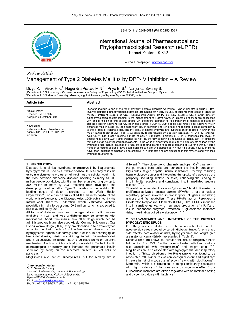 Review Article Management of Type 2 Diabetes Mellitus by DPP-IV Inhibition – a Review