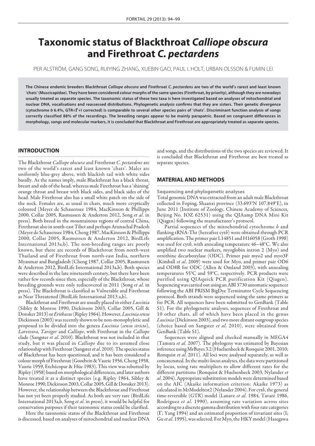 Taxonomic Status of Blackthroat Calliope Obscura and Firethroat C