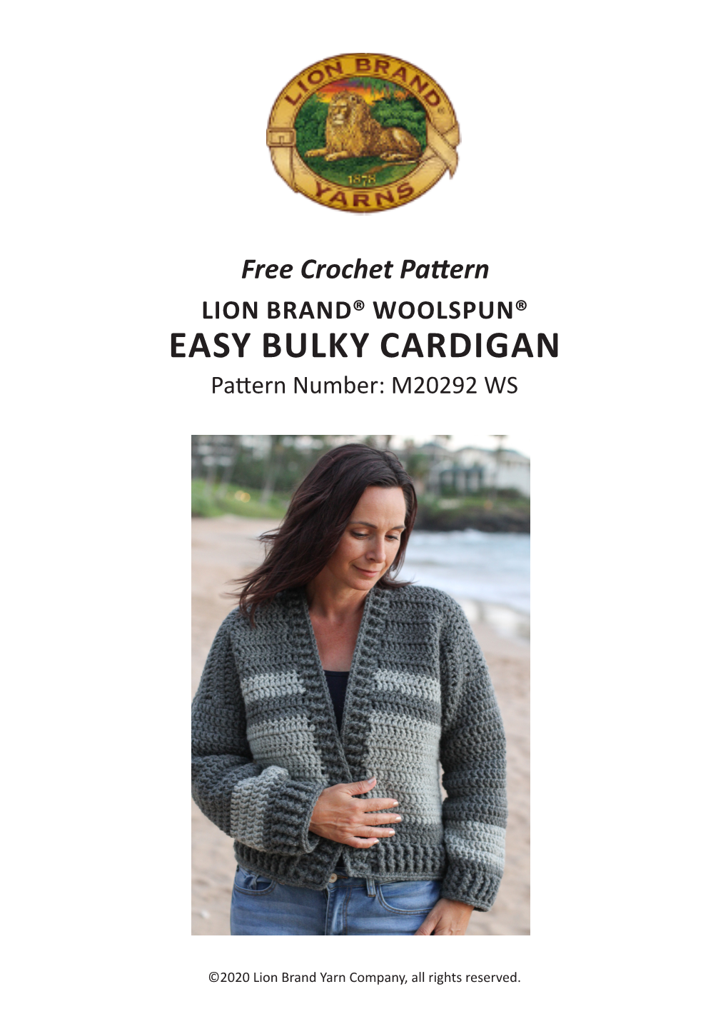 LION BRAND® WOOLSPUN® EASY BULKY CARDIGAN Pattern Number: M20292 WS