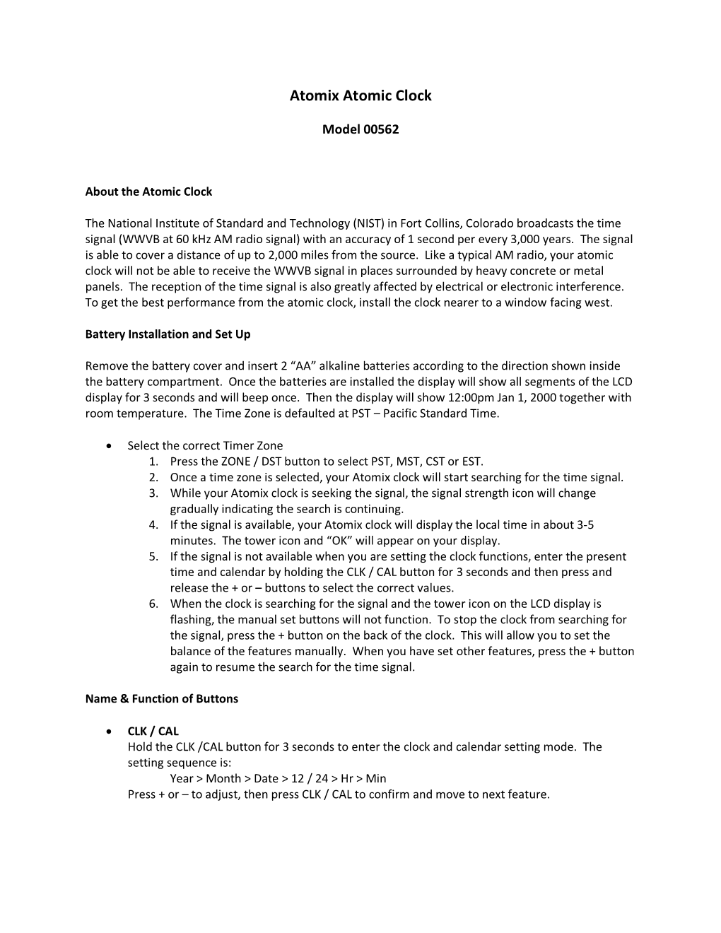 Atomix Atomic Clock 00562 Instructions