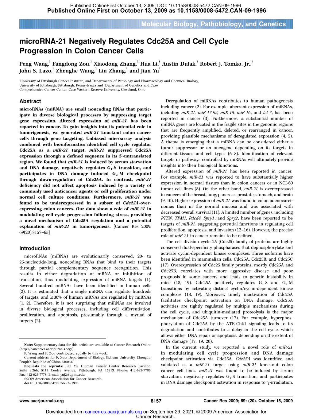 Microrna-21 Negatively Regulates Cdc25a and Cell Cycle Progression in Colon Cancer Cells